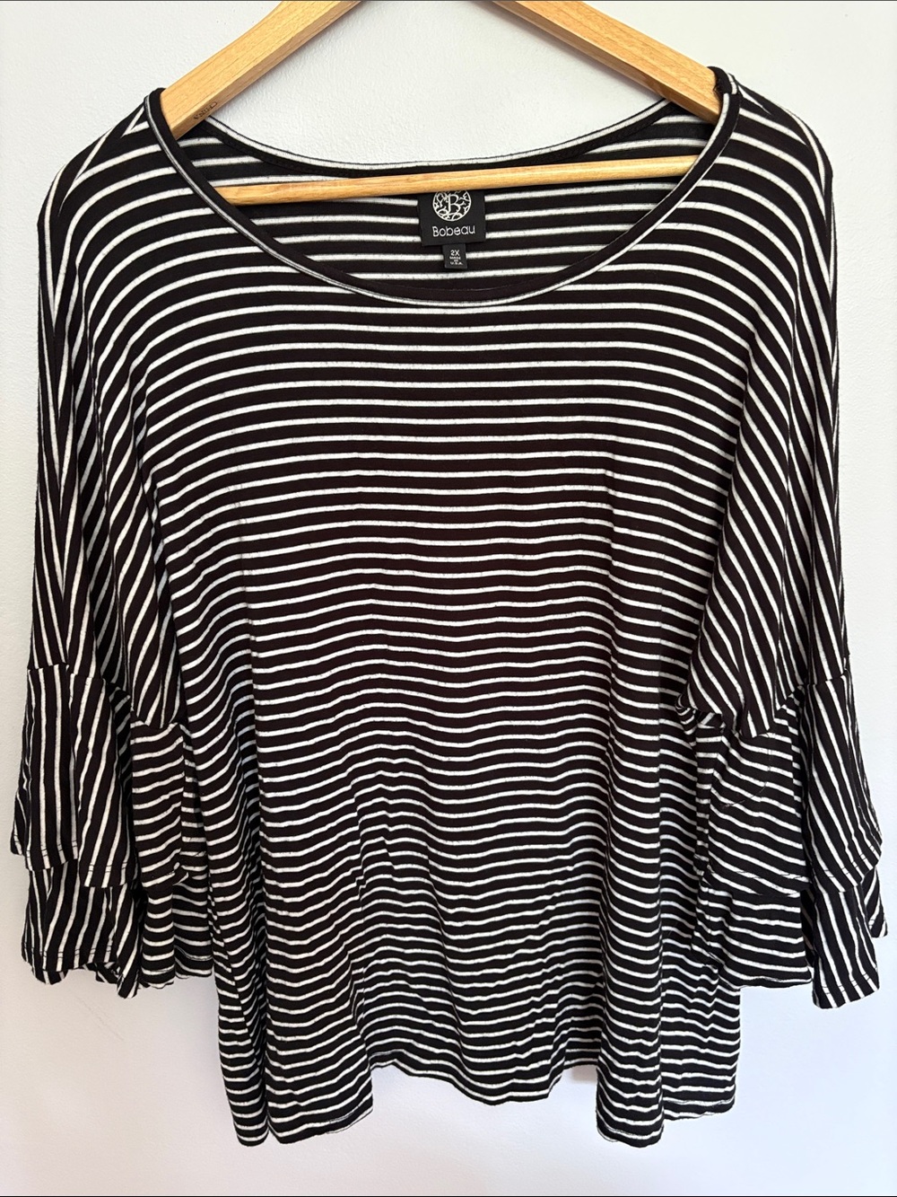 bobeau Black and White Striped Bell Sleeve Long Sleeve Top